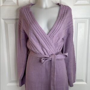 FOREVER 21 LONG SLEEVE FAUX WRAP KNIT SWEATER DRESS LAVENDER with TIE BELT SZ M